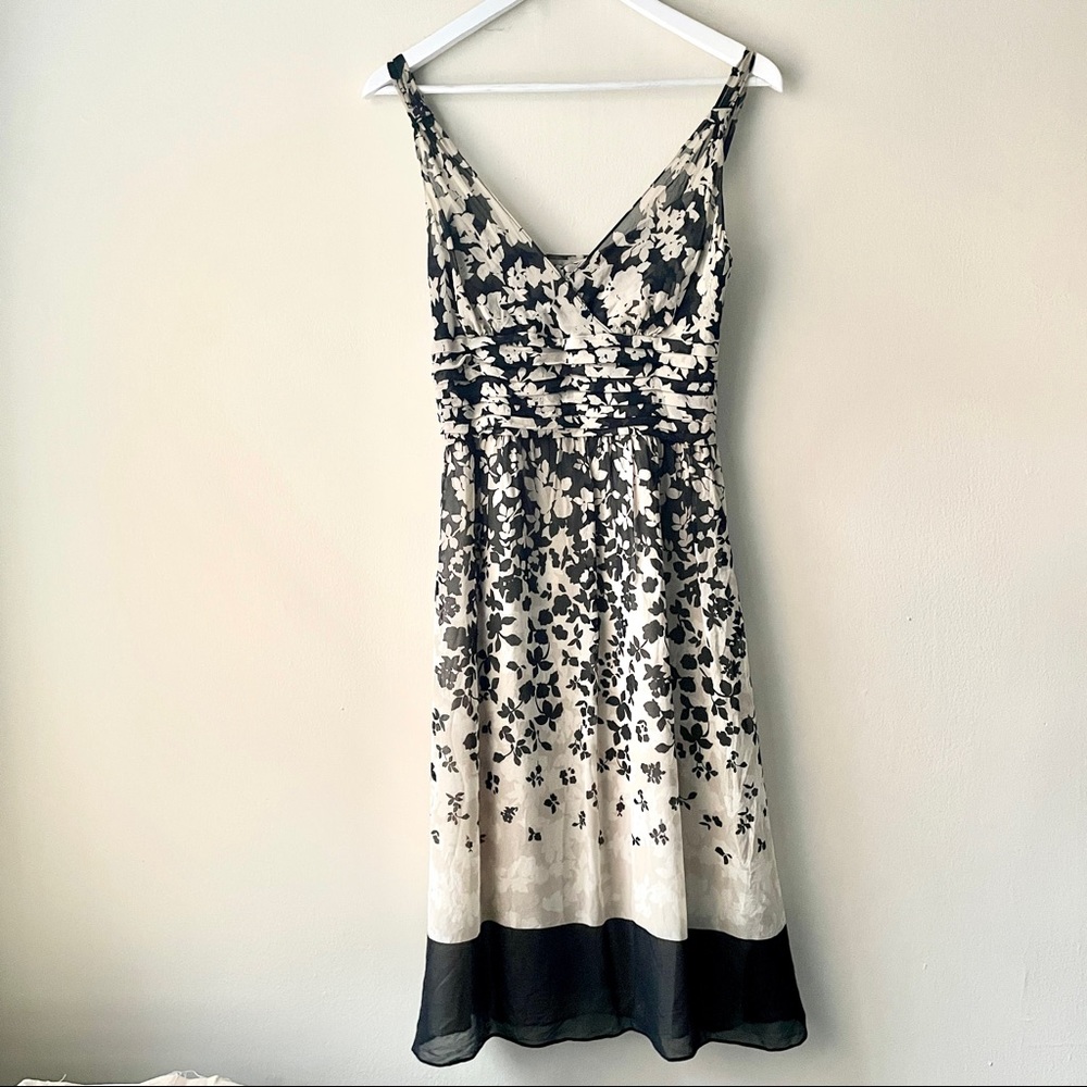 Ann Taylor Black & Tan Silk Strappy Midi Dress W/Horizontal Waist Pleats -Size 2